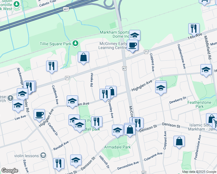 map of restaurants, bars, coffee shops, grocery stores, and more near 26 Queue Road in Markham