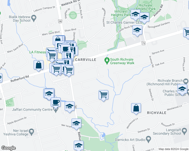map of restaurants, bars, coffee shops, grocery stores, and more near 106 Birch Avenue in Richmond Hill