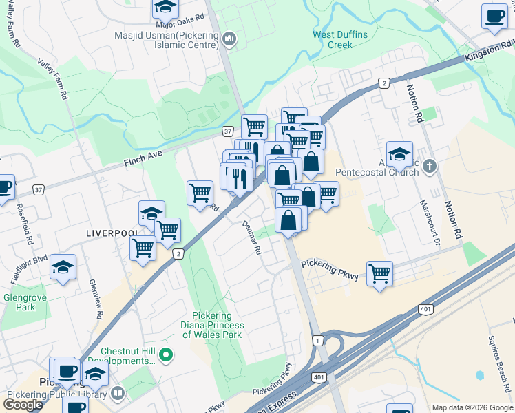 map of restaurants, bars, coffee shops, grocery stores, and more near 1945 Denmar Road in Pickering