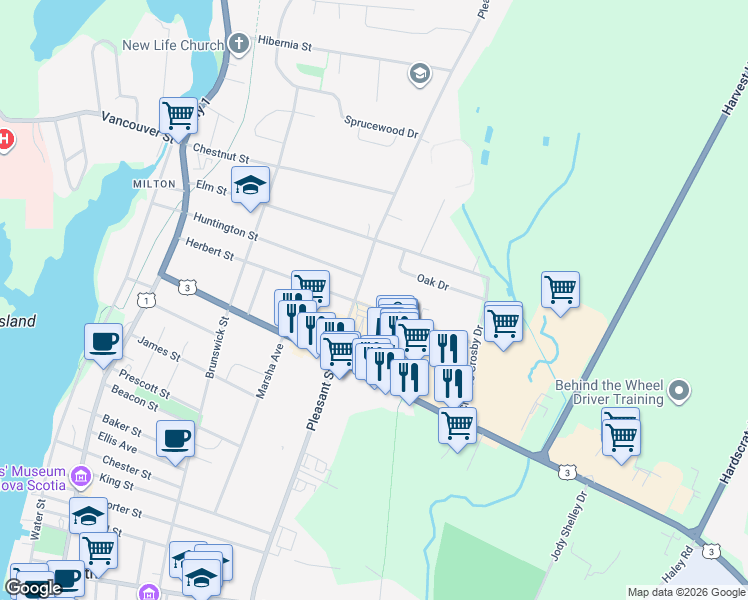 map of restaurants, bars, coffee shops, grocery stores, and more near 80 Herbert Street in Yarmouth