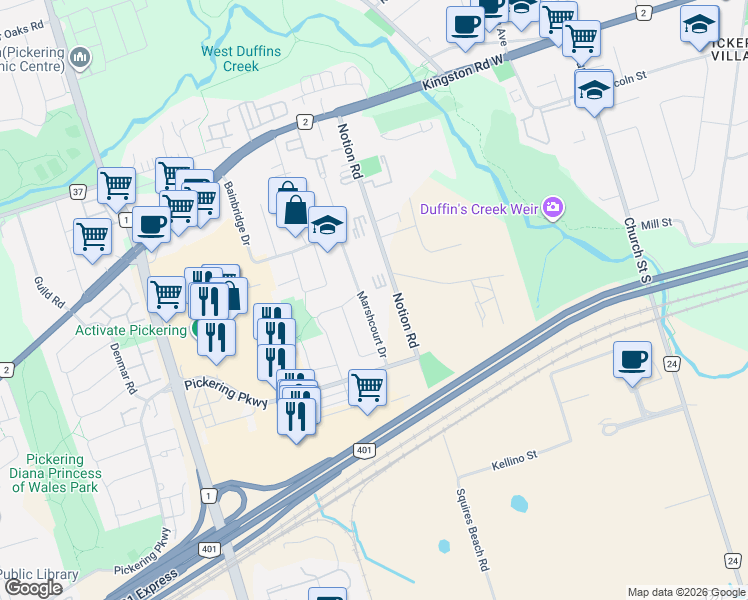 map of restaurants, bars, coffee shops, grocery stores, and more near 1547 Marshcourt Drive in Pickering