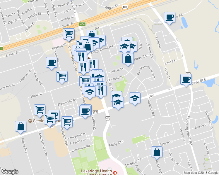 map of restaurants, bars, coffee shops, grocery stores, and more near 307 Harwood Avenue South in Ajax