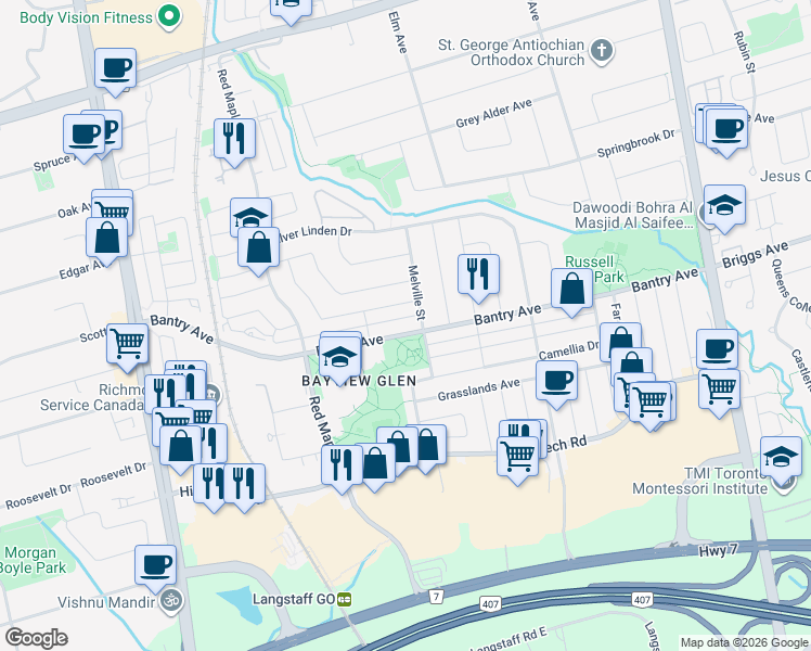 map of restaurants, bars, coffee shops, grocery stores, and more near 250 Bantry Avenue in Richmond Hill