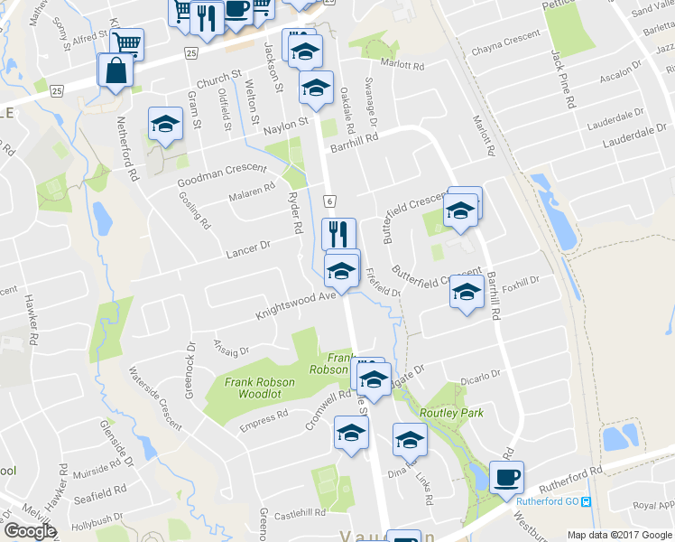 map of restaurants, bars, coffee shops, grocery stores, and more near 9656 Keele Street in Vaughan