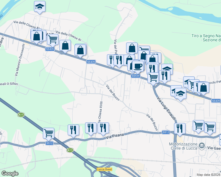 map of restaurants, bars, coffee shops, grocery stores, and more near 818 Via del Bozzo in Lucca