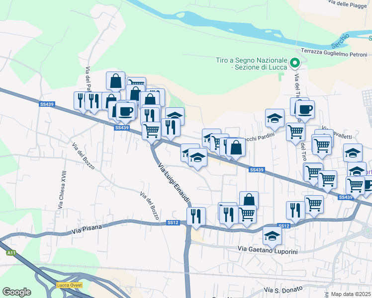 map of restaurants, bars, coffee shops, grocery stores, and more near 1283 Viale Giacomo Puccini in Lucca
