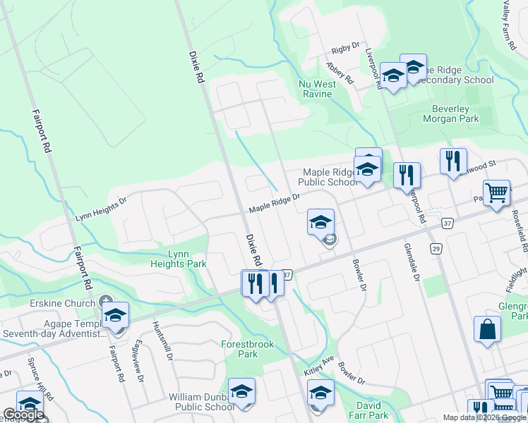 map of restaurants, bars, coffee shops, grocery stores, and more near 1276 Maple Ridge Drive in Pickering