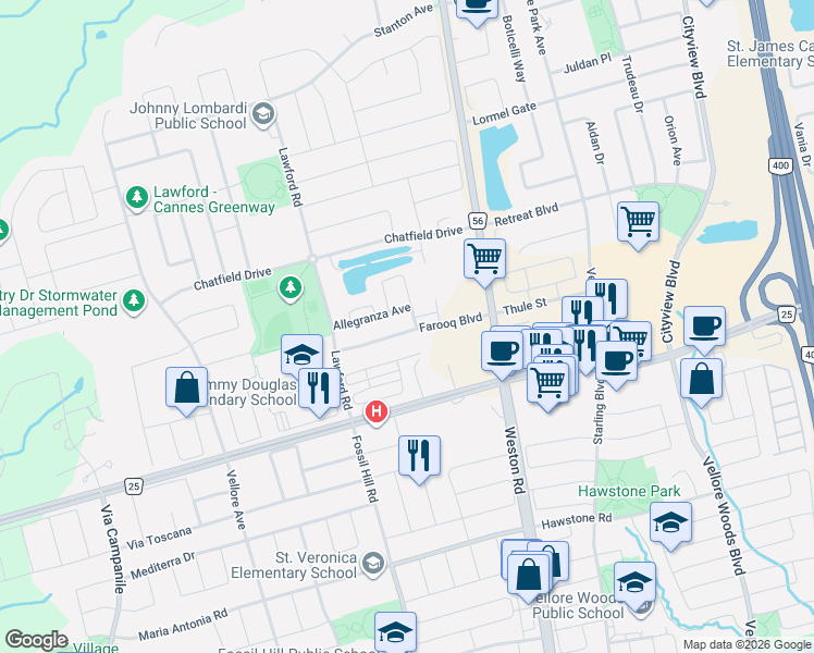 map of restaurants, bars, coffee shops, grocery stores, and more near 138 Farooq Boulevard in Vaughan
