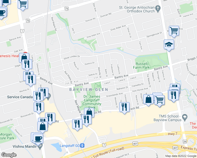 map of restaurants, bars, coffee shops, grocery stores, and more near 258 Bantry Avenue in Richmond Hill