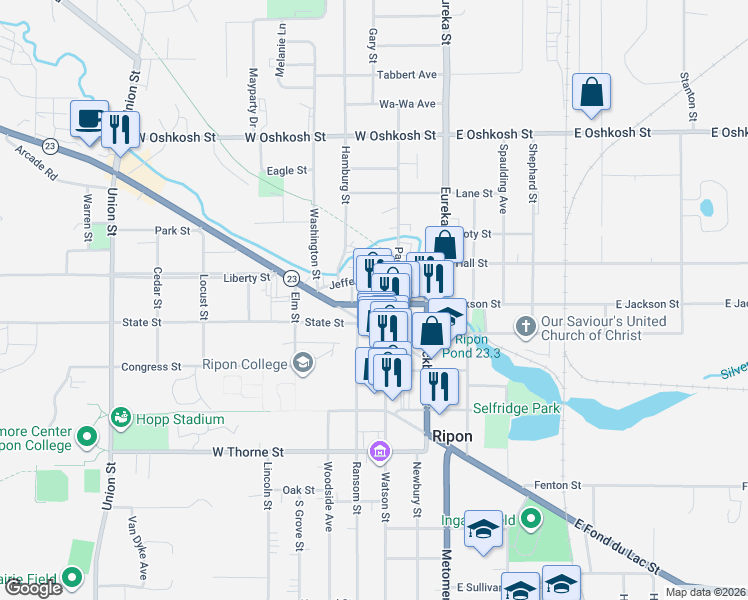 map of restaurants, bars, coffee shops, grocery stores, and more near 102 West Jackson Street in Ripon
