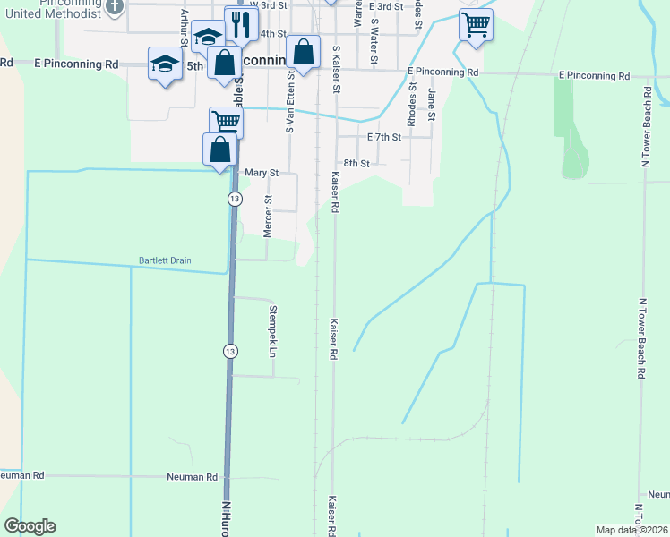 map of restaurants, bars, coffee shops, grocery stores, and more near 3757 Kaiser Road in Pinconning