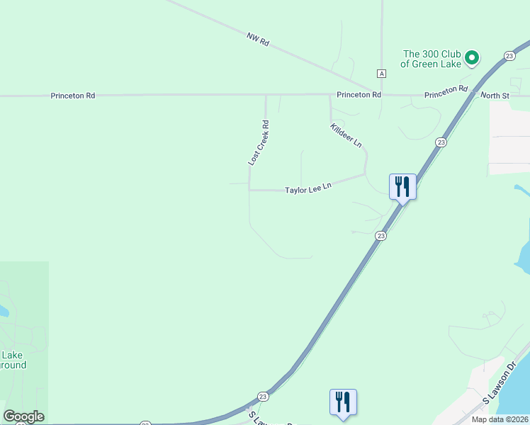 map of restaurants, bars, coffee shops, grocery stores, and more near W2035 Taylor Lee Lane in Green Lake