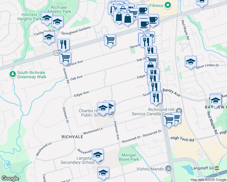 map of restaurants, bars, coffee shops, grocery stores, and more near 49 Pearson Avenue in Richmond Hill