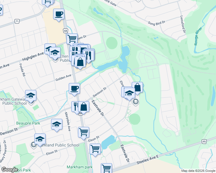 map of restaurants, bars, coffee shops, grocery stores, and more near Denison Street & Lahore Crescent in Markham