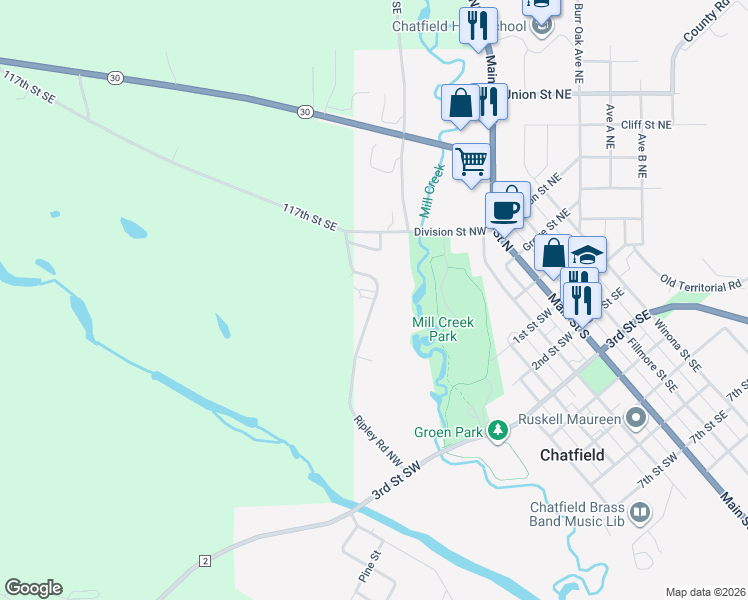 map of restaurants, bars, coffee shops, grocery stores, and more near 46 Ripley Road Northwest in Chatfield