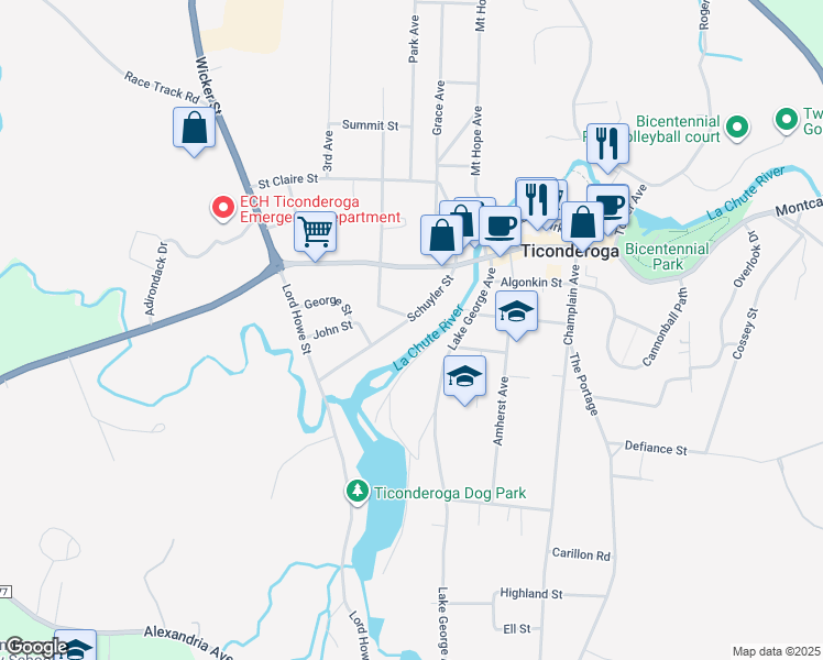 map of restaurants, bars, coffee shops, grocery stores, and more near 42 Schuyler St in Ticonderoga