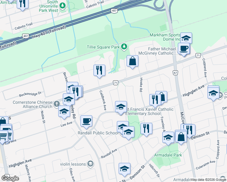 map of restaurants, bars, coffee shops, grocery stores, and more near 41 Cornell Crescent in Markham
