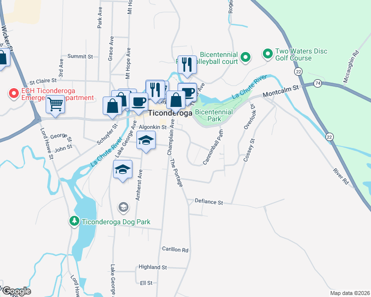 map of restaurants, bars, coffee shops, grocery stores, and more near 60 Cannonball Path in Ticonderoga