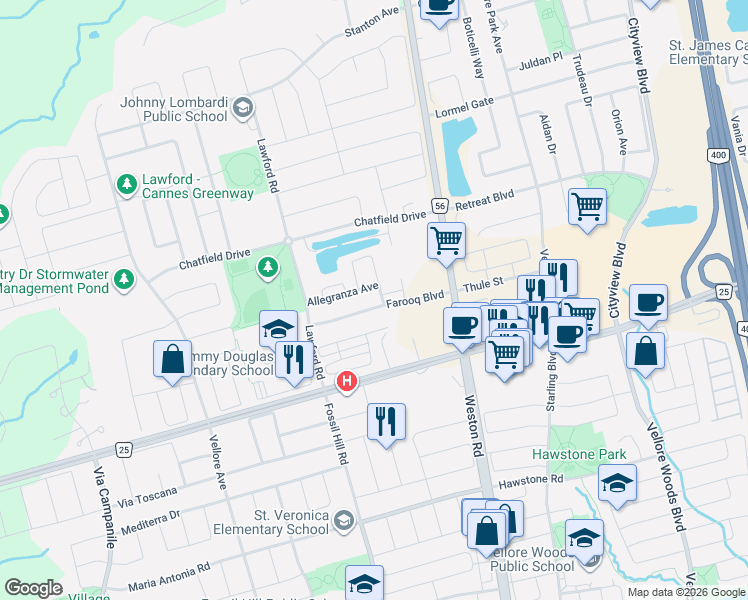 map of restaurants, bars, coffee shops, grocery stores, and more near 138 Farooq Boulevard in Vaughan
