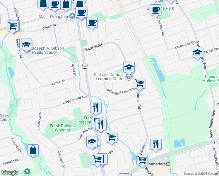 map of restaurants, bars, coffee shops, grocery stores, and more near 116 Butterfield Crescent in Vaughan