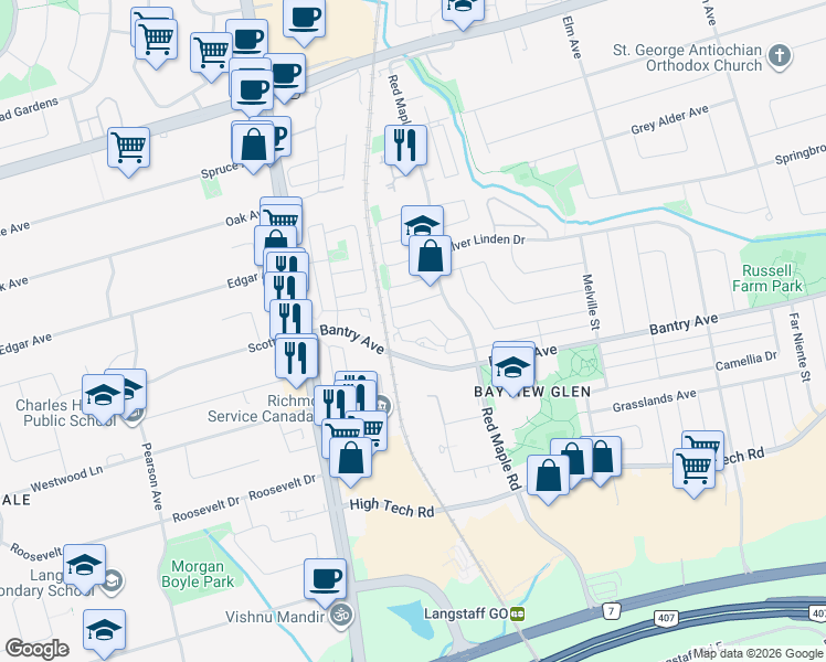 map of restaurants, bars, coffee shops, grocery stores, and more near 61 King William Crescent in Richmond Hill