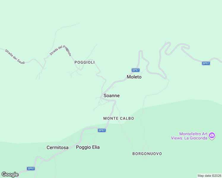 map of restaurants, bars, coffee shops, grocery stores, and more near 132 Via Strada per Soanne in Soanne