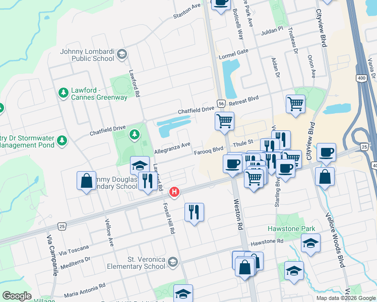 map of restaurants, bars, coffee shops, grocery stores, and more near 130 Farooq Boulevard in Vaughan