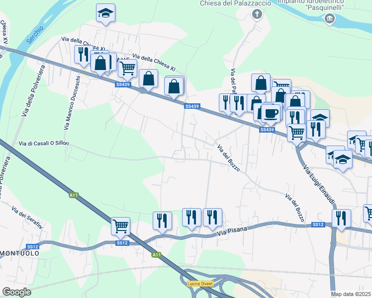 map of restaurants, bars, coffee shops, grocery stores, and more near 740 Via Chiesa XVIII in Lucca