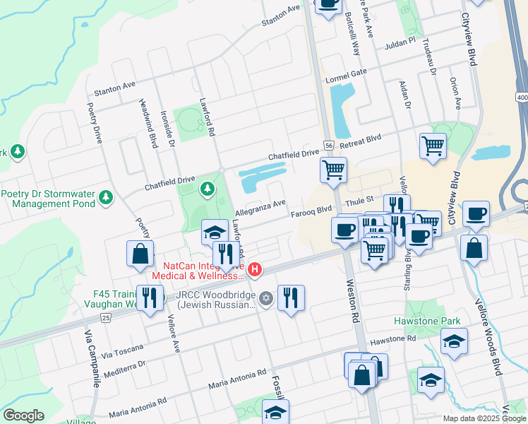 map of restaurants, bars, coffee shops, grocery stores, and more near 77 Allegranza Avenue in Vaughan