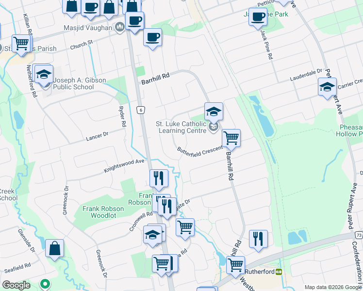 map of restaurants, bars, coffee shops, grocery stores, and more near 116 Butterfield Crescent in Vaughan