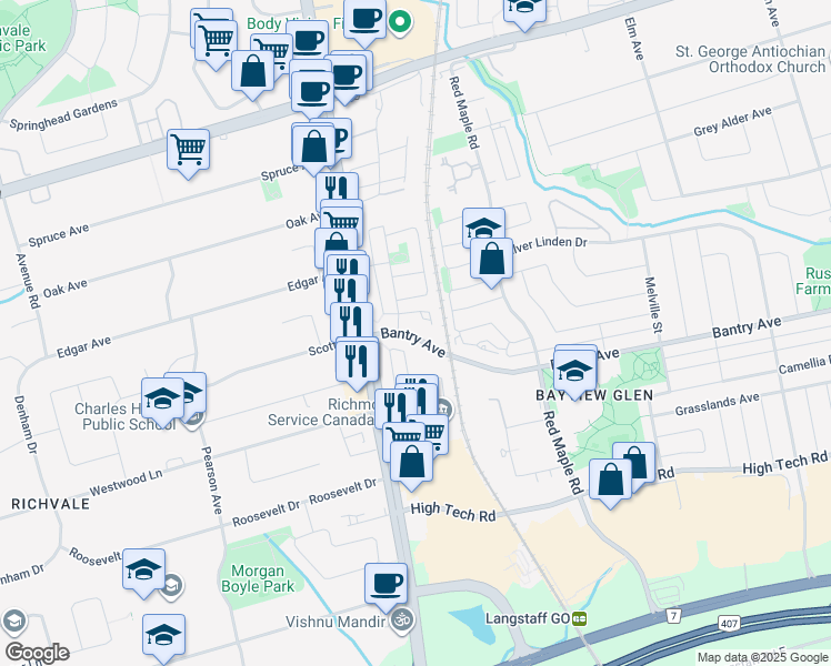 map of restaurants, bars, coffee shops, grocery stores, and more near 110 Bantry Avenue in Richmond Hill