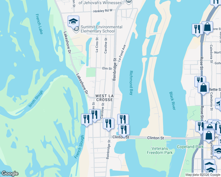 map of restaurants, bars, coffee shops, grocery stores, and more near 1623 Bainbridge Street in La Crosse