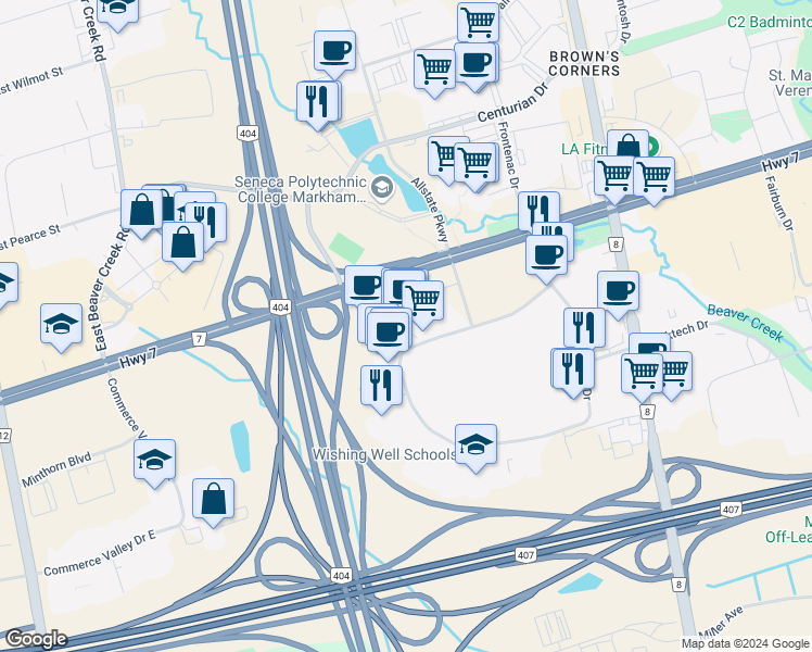 map of restaurants, bars, coffee shops, grocery stores, and more near 675 Cochrane Drive in Markham
