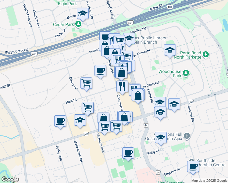 map of restaurants, bars, coffee shops, grocery stores, and more near 73 Hunt Street in Ajax