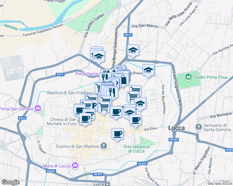 map of restaurants, bars, coffee shops, grocery stores, and more near 196 Via Fillungo in Lucca