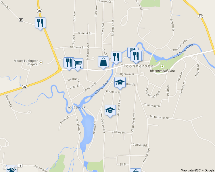 map of restaurants, bars, coffee shops, grocery stores, and more near 147 Lake George Avenue in Ticonderoga