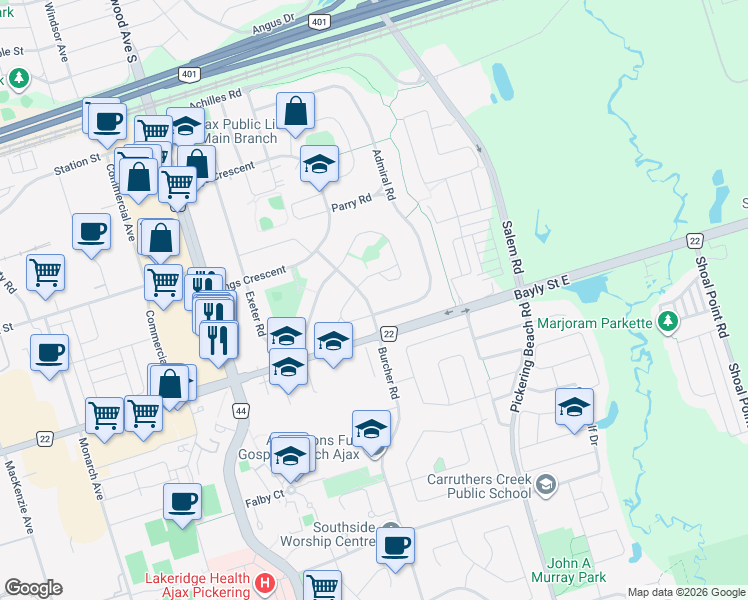 map of restaurants, bars, coffee shops, grocery stores, and more near 18 Burcher Road in Ajax