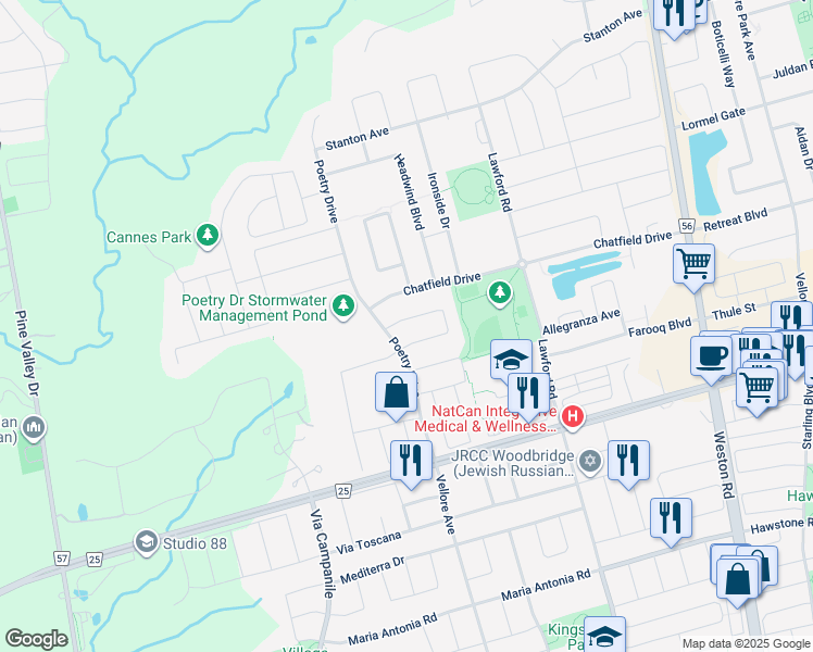 map of restaurants, bars, coffee shops, grocery stores, and more near 122 Garyscholl Road in Vaughan