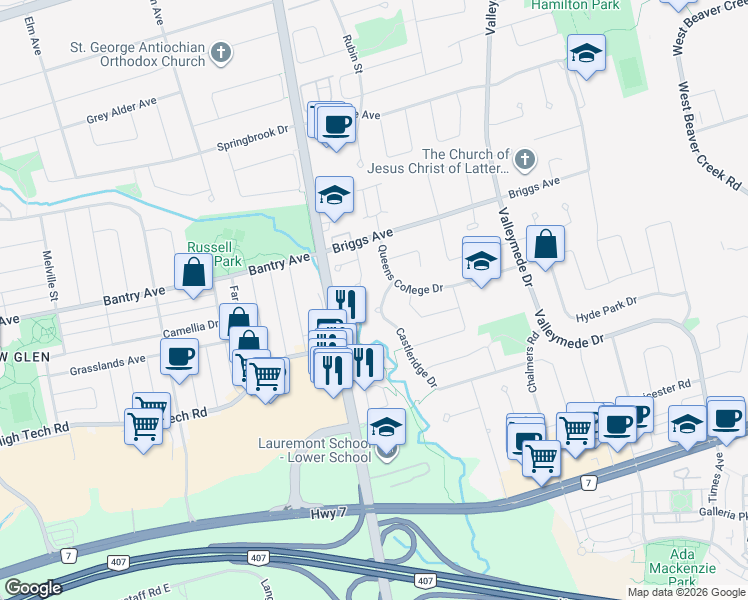 map of restaurants, bars, coffee shops, grocery stores, and more near 10 Castleridge Drive in Richmond Hill