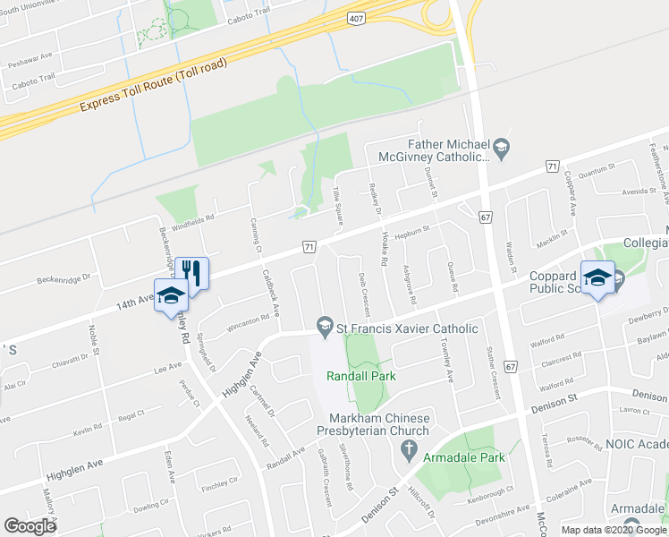 map of restaurants, bars, coffee shops, grocery stores, and more near 32 Deib Crescent in Markham