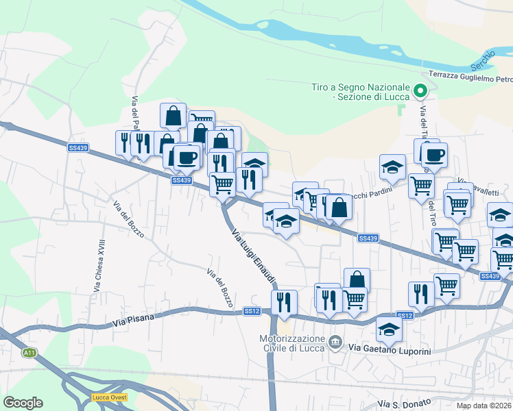 map of restaurants, bars, coffee shops, grocery stores, and more near 1283 Viale Puccini in Lucca