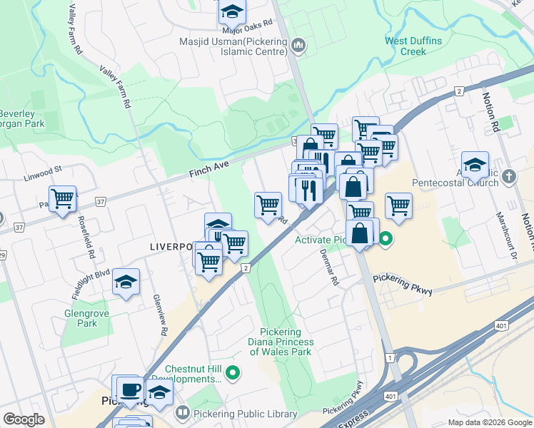 map of restaurants, bars, coffee shops, grocery stores, and more near 1966 Guild Road in Pickering