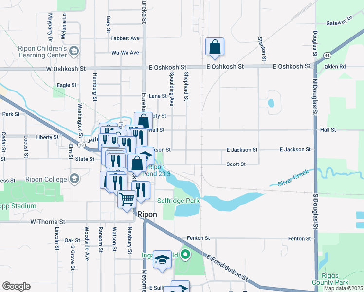 map of restaurants, bars, coffee shops, grocery stores, and more near 344 East Jackson Street in Ripon