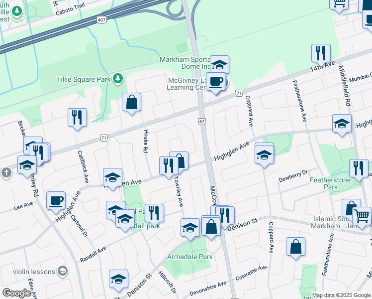 map of restaurants, bars, coffee shops, grocery stores, and more near 74 Queue Road in Markham