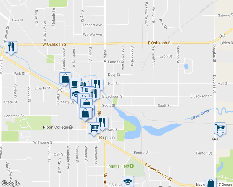 map of restaurants, bars, coffee shops, grocery stores, and more near 306 E Jackson St in Ripon