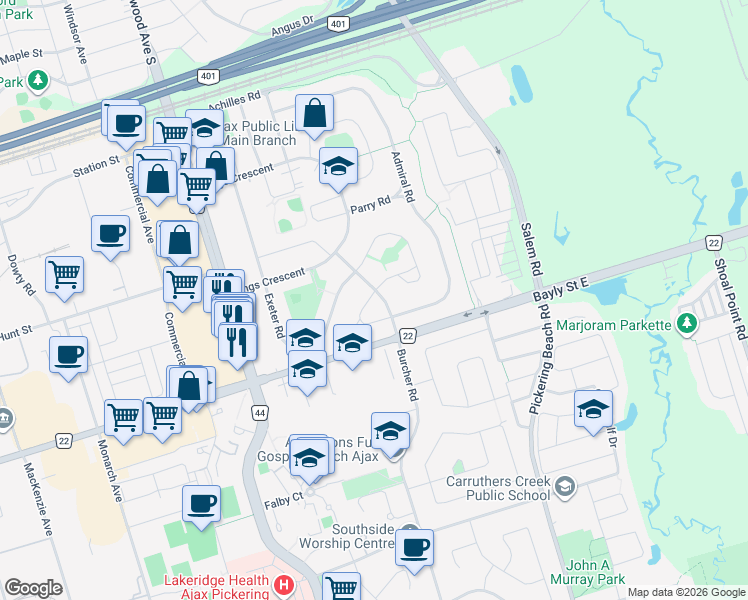 map of restaurants, bars, coffee shops, grocery stores, and more near 18 Burcher Road in Ajax
