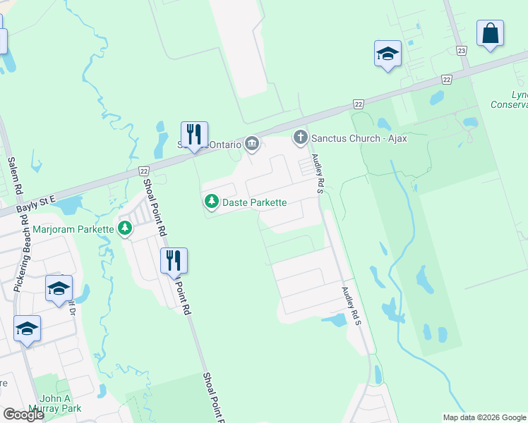 map of restaurants, bars, coffee shops, grocery stores, and more near Leney Street in Ajax