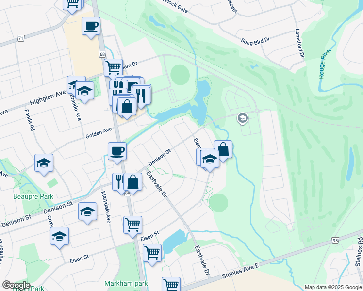 map of restaurants, bars, coffee shops, grocery stores, and more near 142 Guinevere Road in Markham