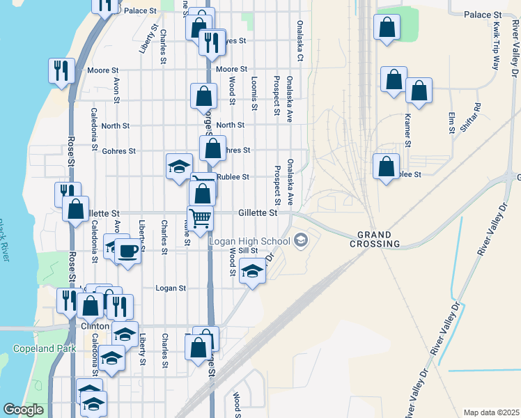 map of restaurants, bars, coffee shops, grocery stores, and more near 1415 Gillette Street in La Crosse