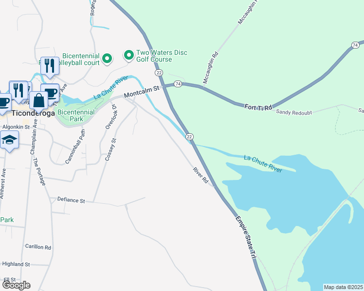 map of restaurants, bars, coffee shops, grocery stores, and more near 50 River Rd in Ticonderoga